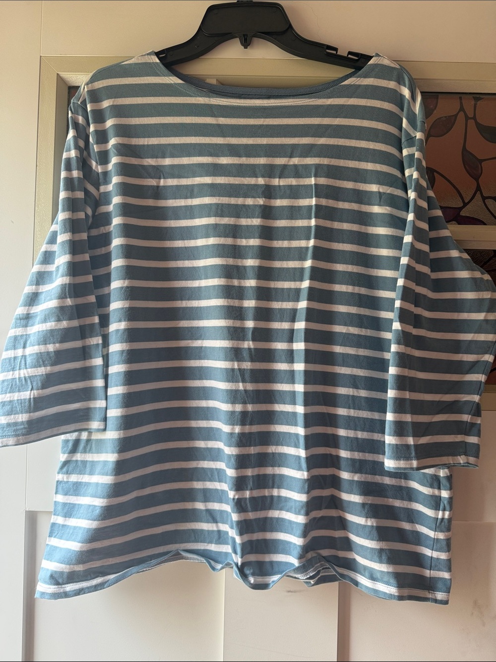Striped 3/4 Sleeve Tee in Light Blue and White